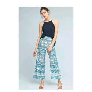 Anthropologie Feather Bone Talese Wide Leg Crop Pants Blue Paisley Print Size 10